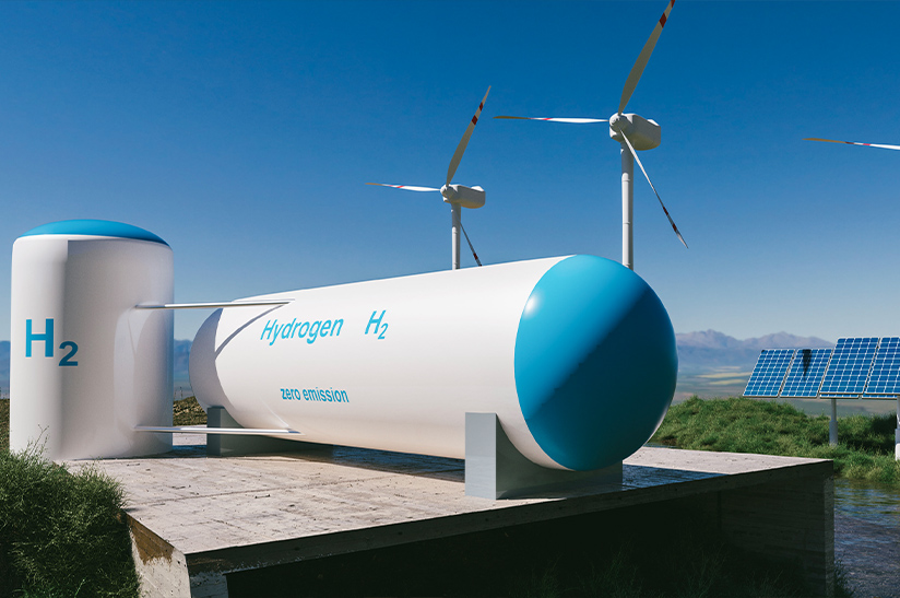 Futuristische Wasserstofftank-Szene, VDE Wasserstoffstrategie (Symbolbild)