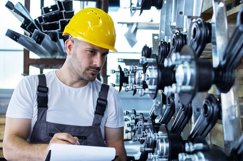 Karl Haeusgen, VDMA-Präsident, trägt Schutzhelm in Werkstatt.