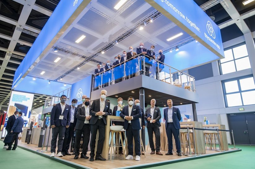 Auf der CWIEME stellt thyssenkrupp (hier de Messestand) Elektroband vor