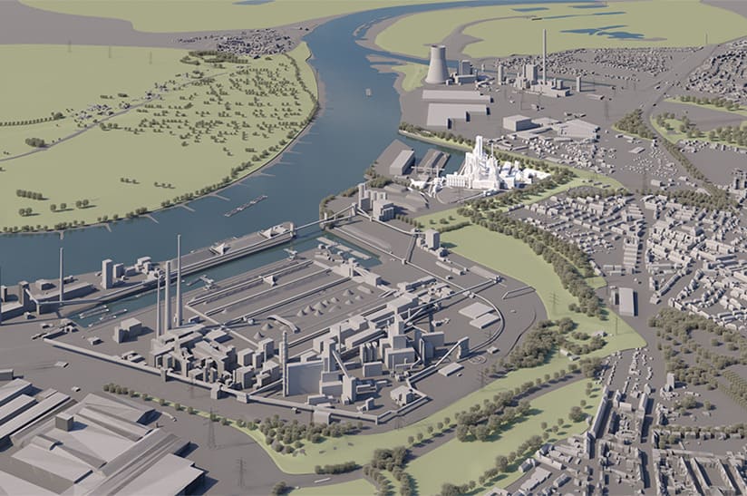 Visualisierung der ersten Direktreduktionsanlage (der Komplex in weiß) von Thyssenkrupp Steel Europe am Standort Duisburg