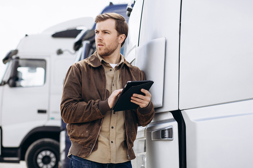 LKW-Fahrer mit Tablet