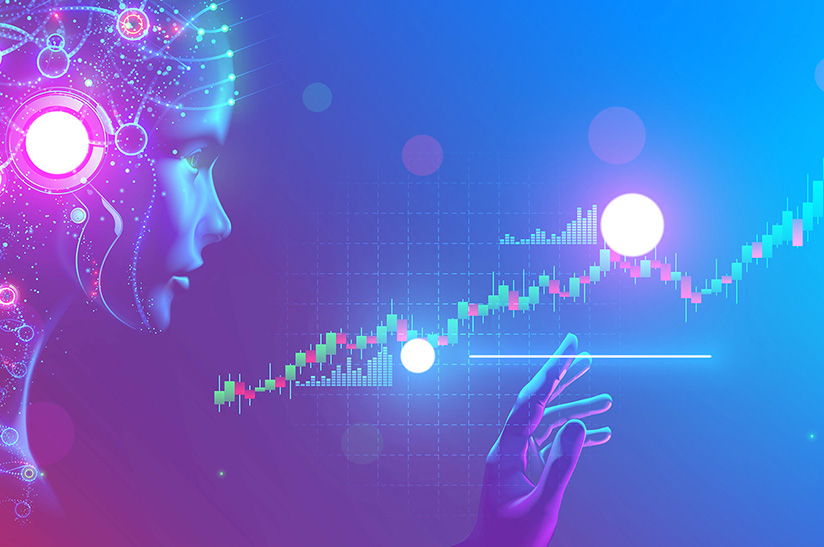 Das Bild zeigt eine gerenderte Idee, wie Künstliche Intelligenz visualisiert werden kann: Links ein Kopf mit digitalen Neuronen, in der Mitte unten eine Hand und mittig ein stetig nach oben laufender Aktienkurs.