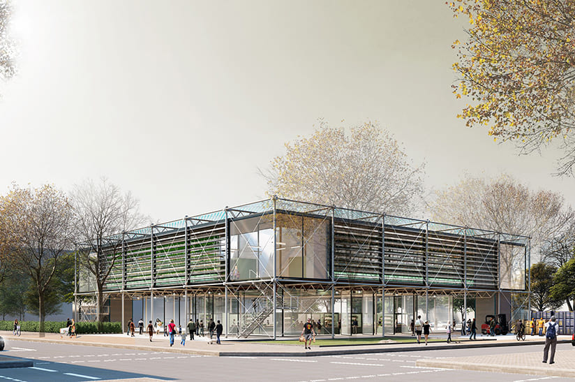 Der erste Preis des Stahlbau-Förderpreises 2020 von bauforumstahl ging an Manh Hoan Dao, Leon Kleber und Lass Shamal von der Stuttgarter Hochschule für Technik für die im Bild gezeigte Markthalle „Floating Garden“ in Stuttgart.