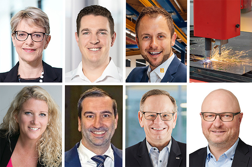 Das Bild zeigt eine Collage aus sieben Porträtbildern (fünf Männer und zwei Frauen) und eine Impression von der Blechexpo 2023.