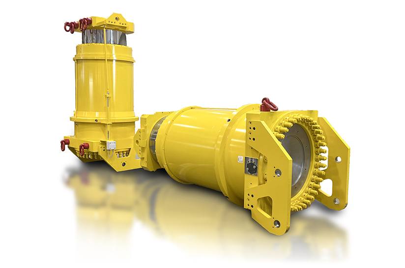 Das Bild zeigt einen gelben 16 Tonnen-Zylinder von Hainzl für einen Pfannendrehturm