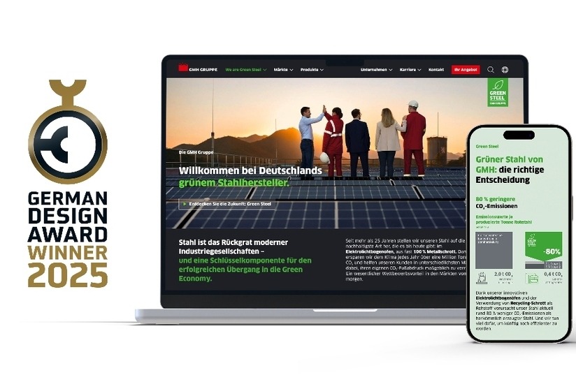 Auf dem Bild ist die neugestaltete Internetseite der GMH Gruppe und das Logo des gewonnen Preises zu sehen.