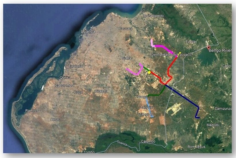 Luftaufnahme von Luanda mit hervorgehobenen Infrastrukturprojekten in Stahlbauweise.