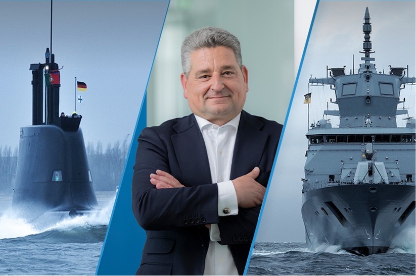 Das Bild zeigt eine Collage aus drei Bestandteilen: links und rechts sind Seefahrzeuge von Thyssenkrupp Marine Systems (TKMS) zu sehen, in der Mittel Miguel Lopez, Vorstandsvorsitzender von Thysenkrupp