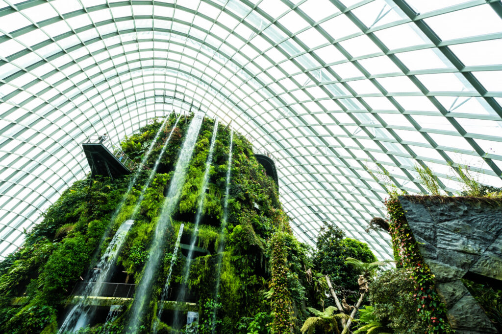 Glasgewächshaus mit begrüntem Wasserfall, ideal für Stahlkonstruktionen-Magazine.