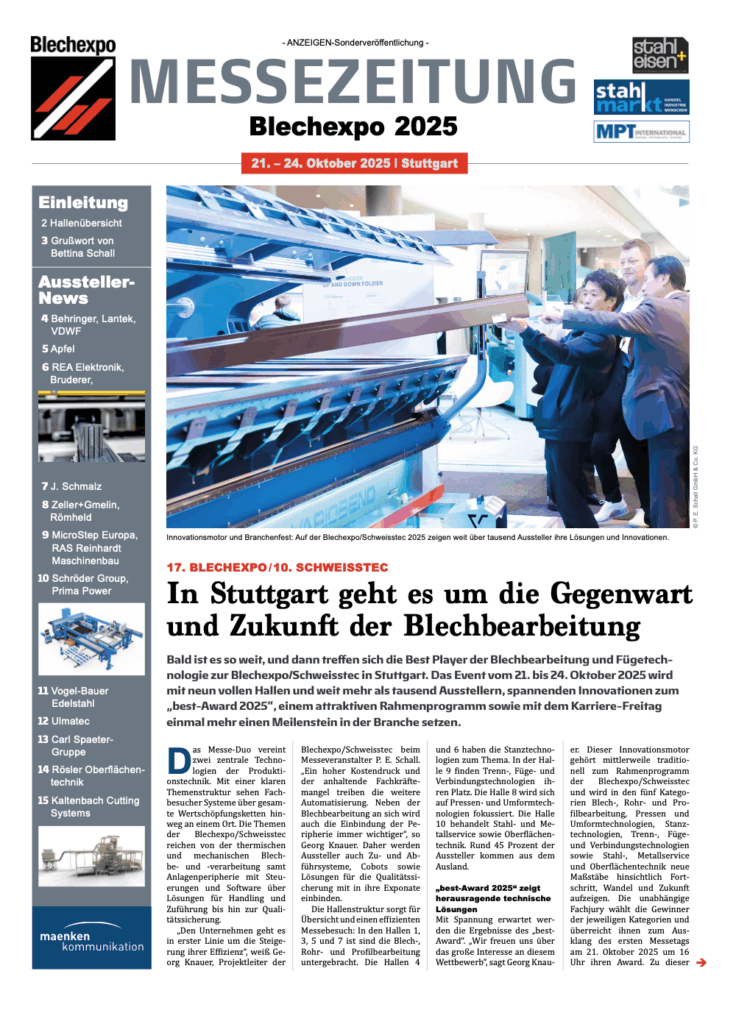 Blechexpo 2025 Messezeitung zeigt Innovationen im Stahl- und Blechbearbeitungssektor.