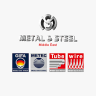 Metal & Steel Middle East Logo mit GIFA, METEC, Tube, Wire Icons für Fachliteraturverkauf.