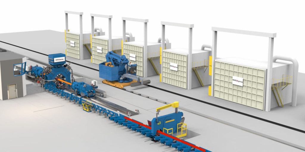 Die Darstellung zeigt eine hydraulische Radialschmiedelinie der SMS group, vergleichbar mit der Anlage, die am Standort Kokomo von Haynes International in Indiana errichtet werden soll.