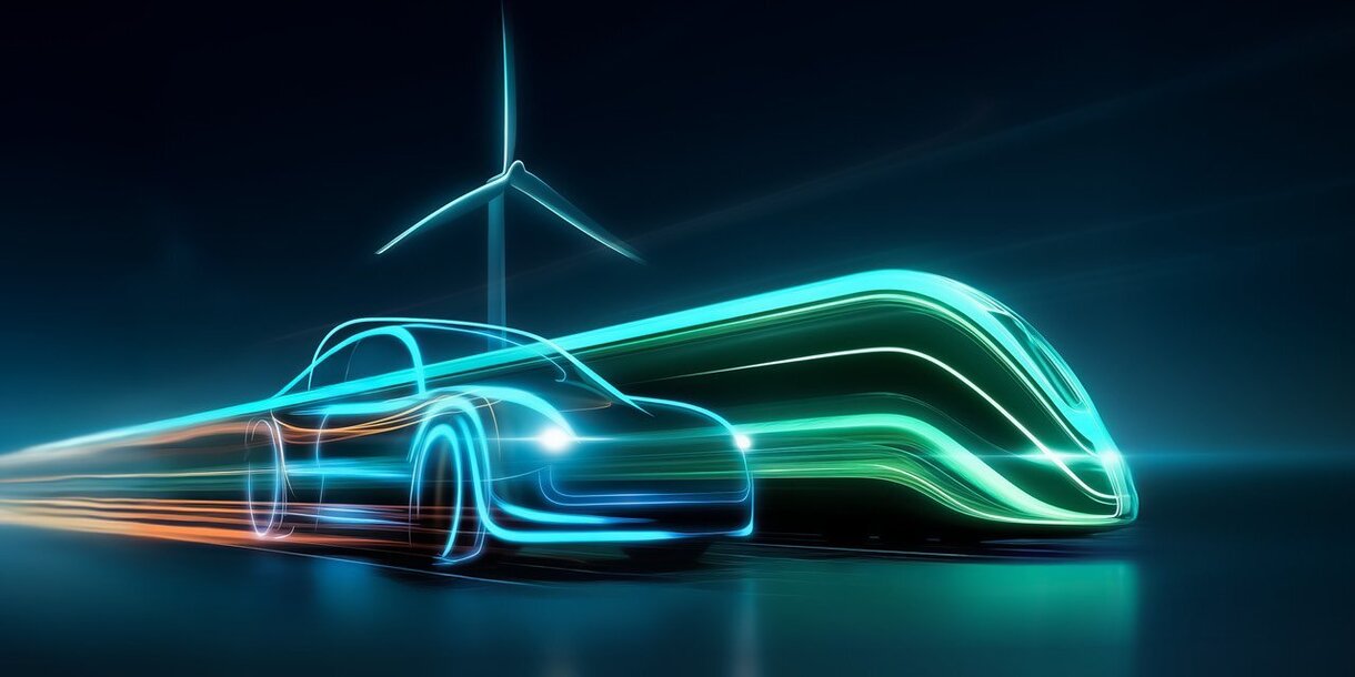 Auto und Zug aus Stahl unter Windkraft, innovative Technik.