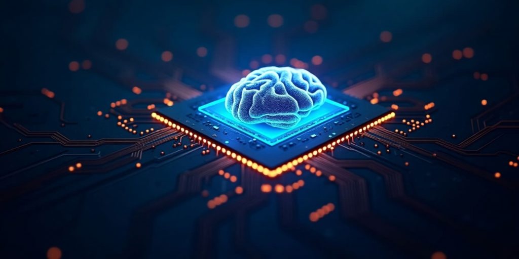 Chip mit Gehirn-Design, im Artikel geht es um den KI-Einsatz im Stahl.