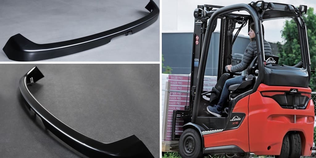 Die Collage zeigt links zwei Bauteile von Graepel, die im Gabelstapler Xi10 bis Xi20 von Linde (rechts) zum Einsatz kommen.