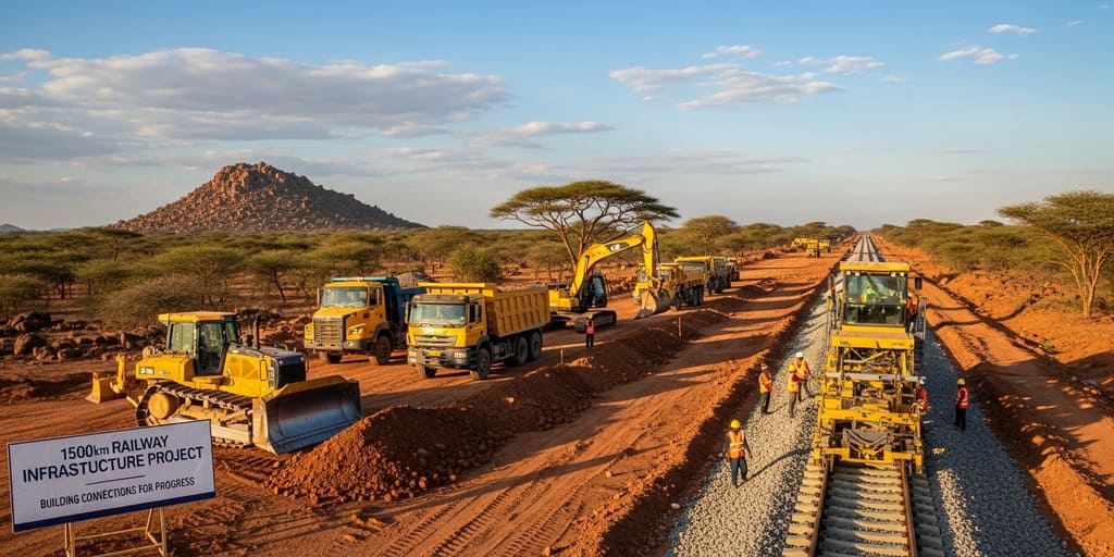 A&S Resources hat ein großes Eisenerzprojekt an der Hand. Das Bild zeigt Eisenbahnbauprojekt mit Baumaschinen in afrikanischer Landschaft.