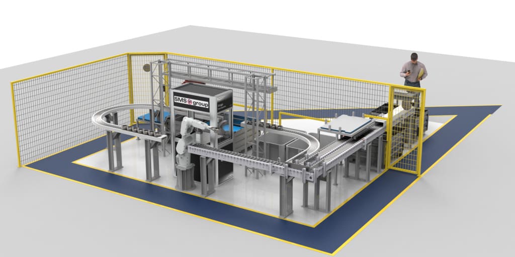 System zur automatisierten Endkontrolle für gesenkgeschmiedete Automotive-Bauteile ist als 3D-Rendering der Prüfstation abgebildet.