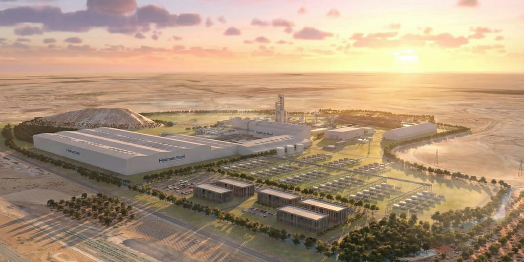 Das generierte Bild zeigt das künftige Stahlwerk von Hydnum Steel in Puertollano (Spanien), so wie es derzeit geplant ist.