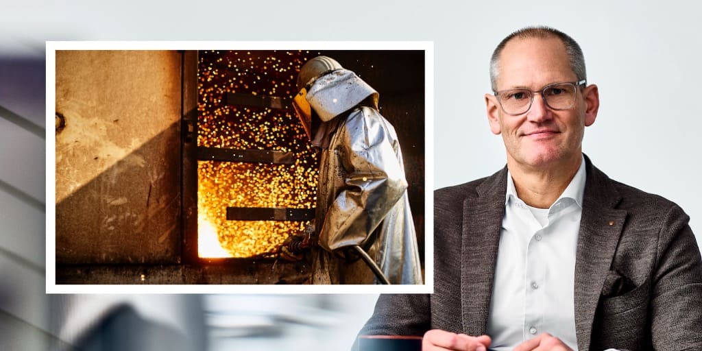 Die Collage zeigt einen BSW-Mitarbeiter im Stahlwerk und Geschäftsführer Florian Glück, der Kritik am Industriestrompreis äußert.