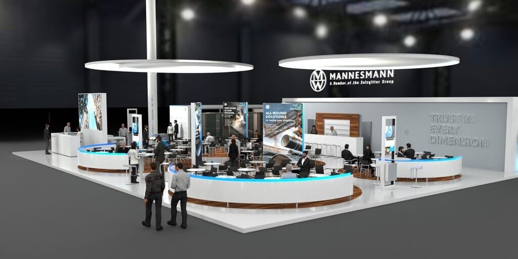 Neuer Markenauftritt von Mannesmann auf der Tube: Das Bild zeigt ein Mock-up des Messestands.