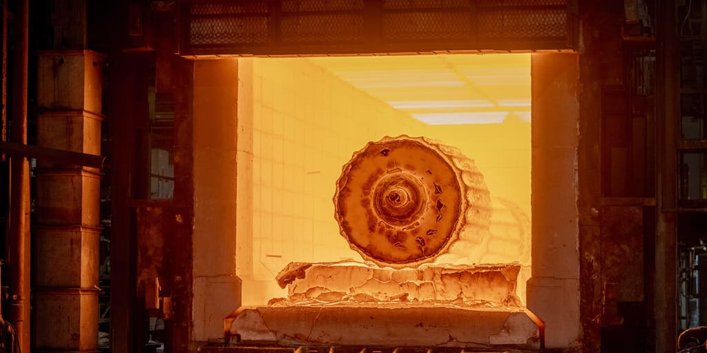 Das Bild zeigt einen rotglühenden Schmiedeofen in Betrieb. Der weltweit erste elektrische Schmiedeofen bei Swiss Steel ist in den USA im Einsatz.