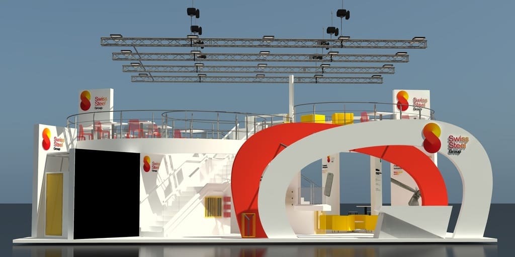 Das Bild zeigt den geplanten Messestand der Swiss Steel Group zur wire 2026. Das Unternehmen präsentiert u.a. Speziallangstahl.