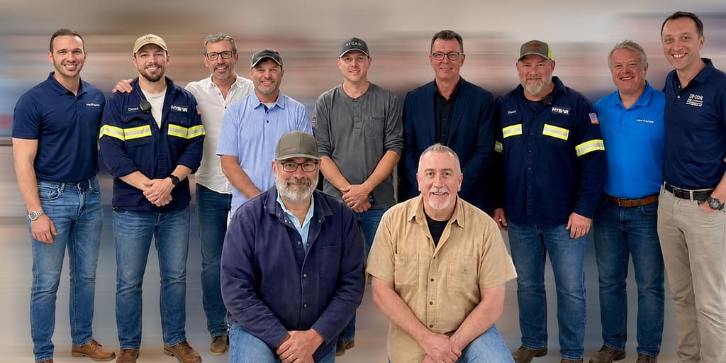 From left to right: Luca Spaziani (SMS group), Chandler Ault (Hybar LLC), Filippo Verlezza (SMS group), John Moore (Hybar LLC), Shaun Nagy (Hybar LLC), Andrea Gallina (SMS group), Brett Doolittle (Hybar LLC), Mario Fabro (SMS group), Carlo Cascino (SMS group) In front from left to right: Sam Fowler (Hybar LLC), Dave Rigby (SMS group)