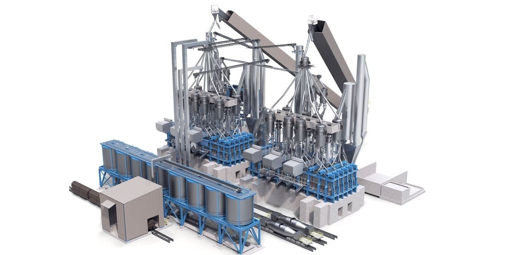 Schematische Darstellung einer Direktreduktionsanlage, welche den Smelter, ein Elektroschmelzofen von Primetals Technologies, beschickt und damit einen der drei in der MagIron-Studie möglichen Produktionsweg veranschaulicht.
