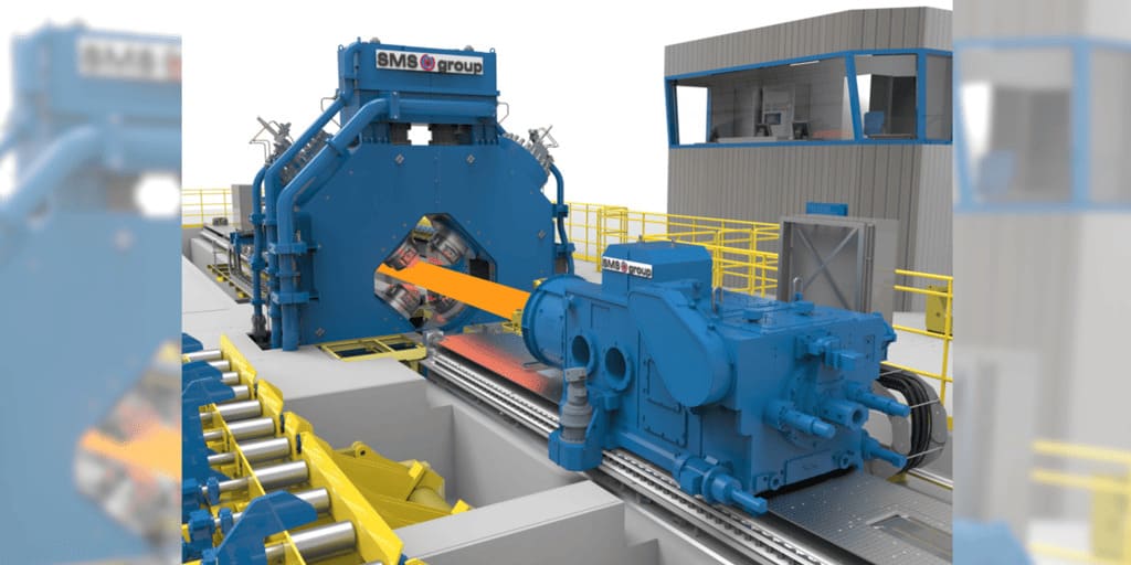 Visualisierung einer von SMS gelieferten hydraulischen SMX-Radialschmiedemaschine, vergleichbar mit der am Standort Les Ancizes von Aubert & Duval in Frankreich installierten Anlage.