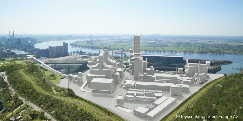 Visualisierung der geplanten Direktreduktionsanlage von thyssenkrupp Steel in Duisburg. Jacobs bleibt im Rahmen der Vertragsverlängerung für Projektmanagement, Bau- und Montageleitung an dem Großprojekt beteiligt.